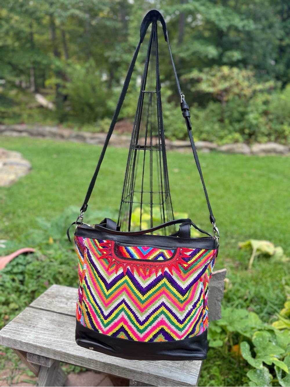 Multicolor Chevron Embroidered Tote with Black Trim